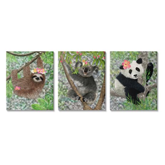 Stupell Industries Tropical Hibiscus Flower Jungle Animals Koala Panda Sloth Canvas Wall Art